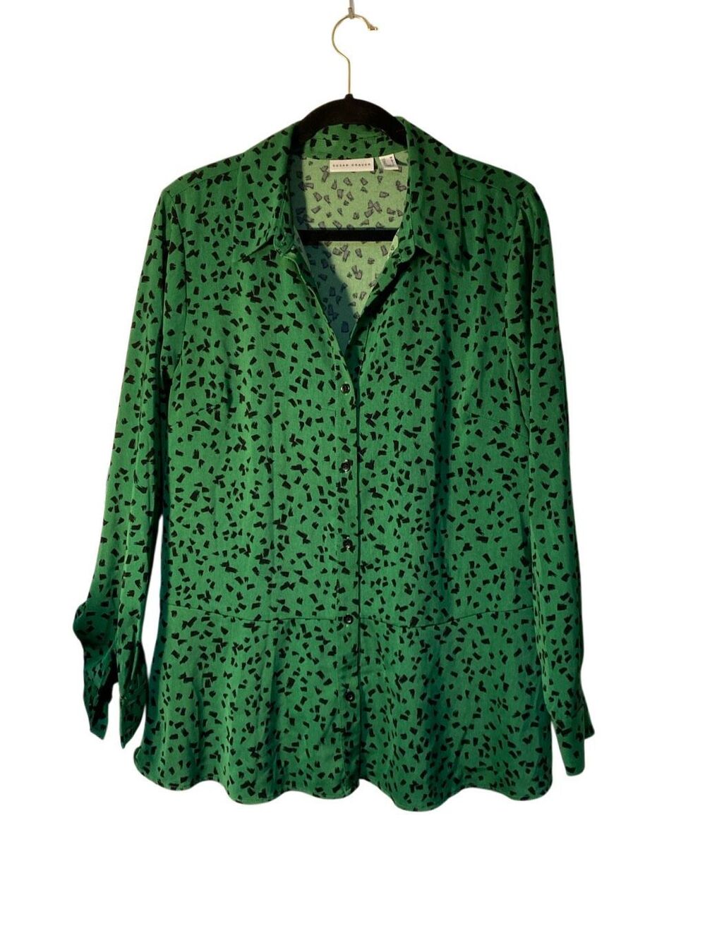 Susan Graver big shirt, green and black stretch peplum blouse M